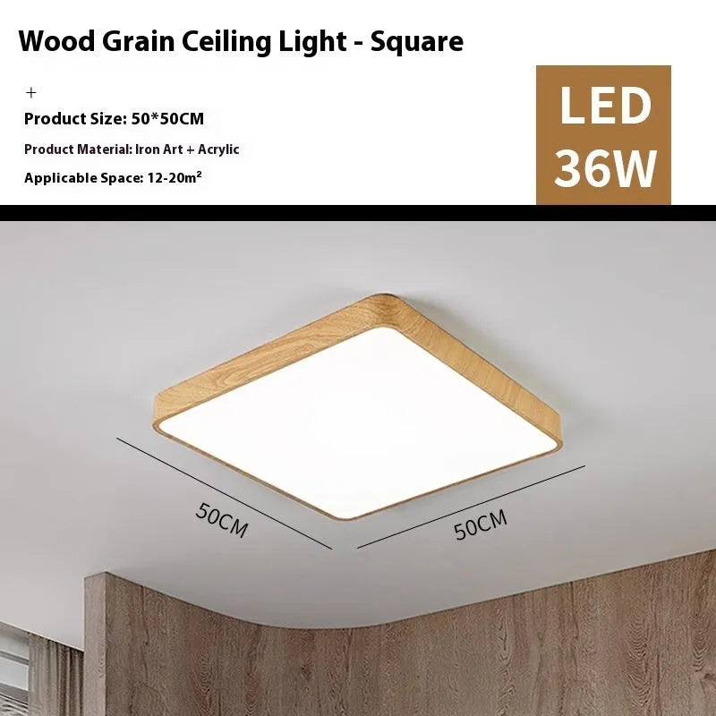Nordic style square LED ceiling light with wood grain finish and smart dimming controls.