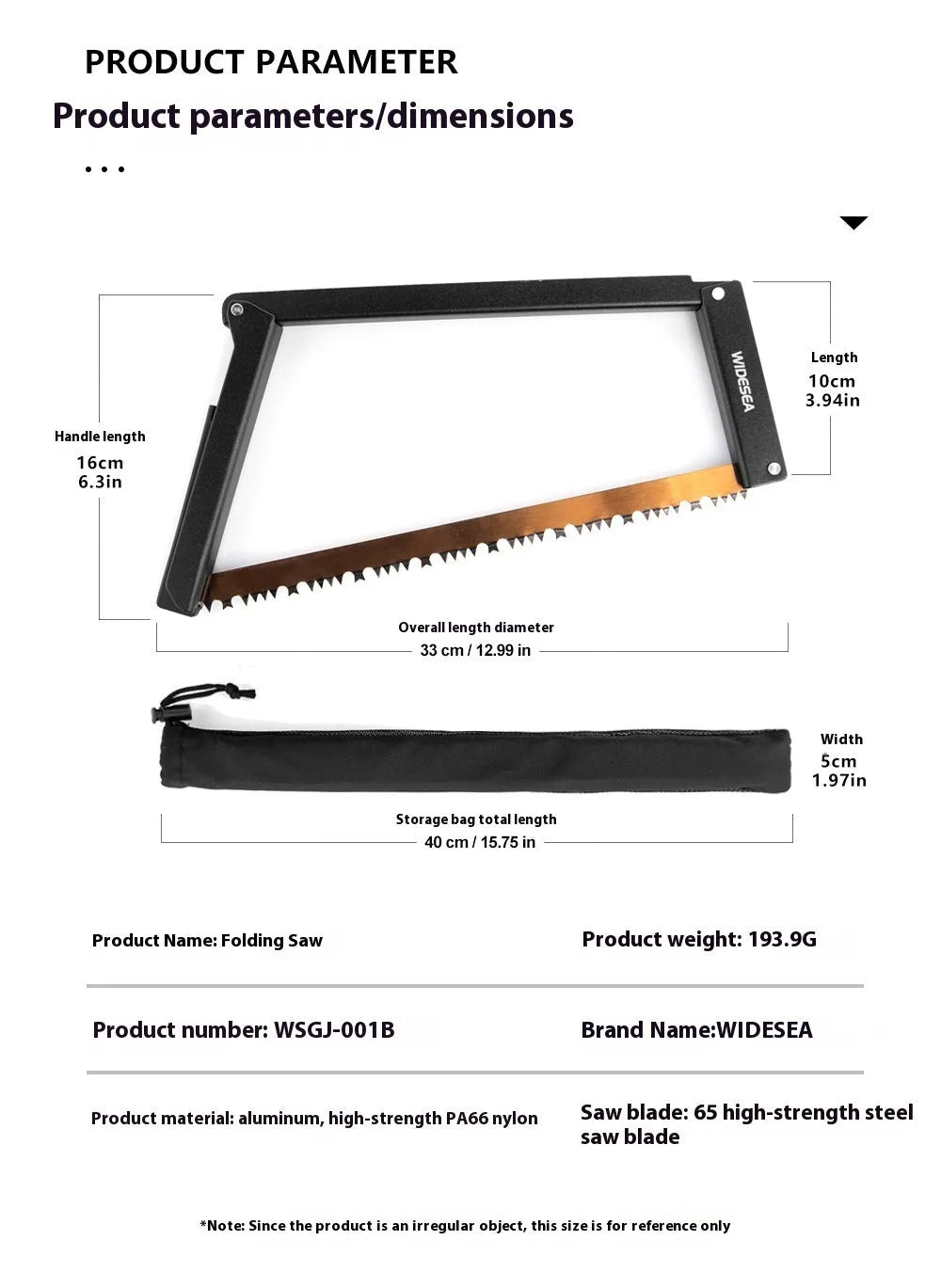 Black foldable outdoor survival saw with aluminum and PA66 nylon frame