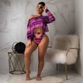 Women's purple snakeskin floral print long-sleeve swimsuit top and matching bikini bottoms.