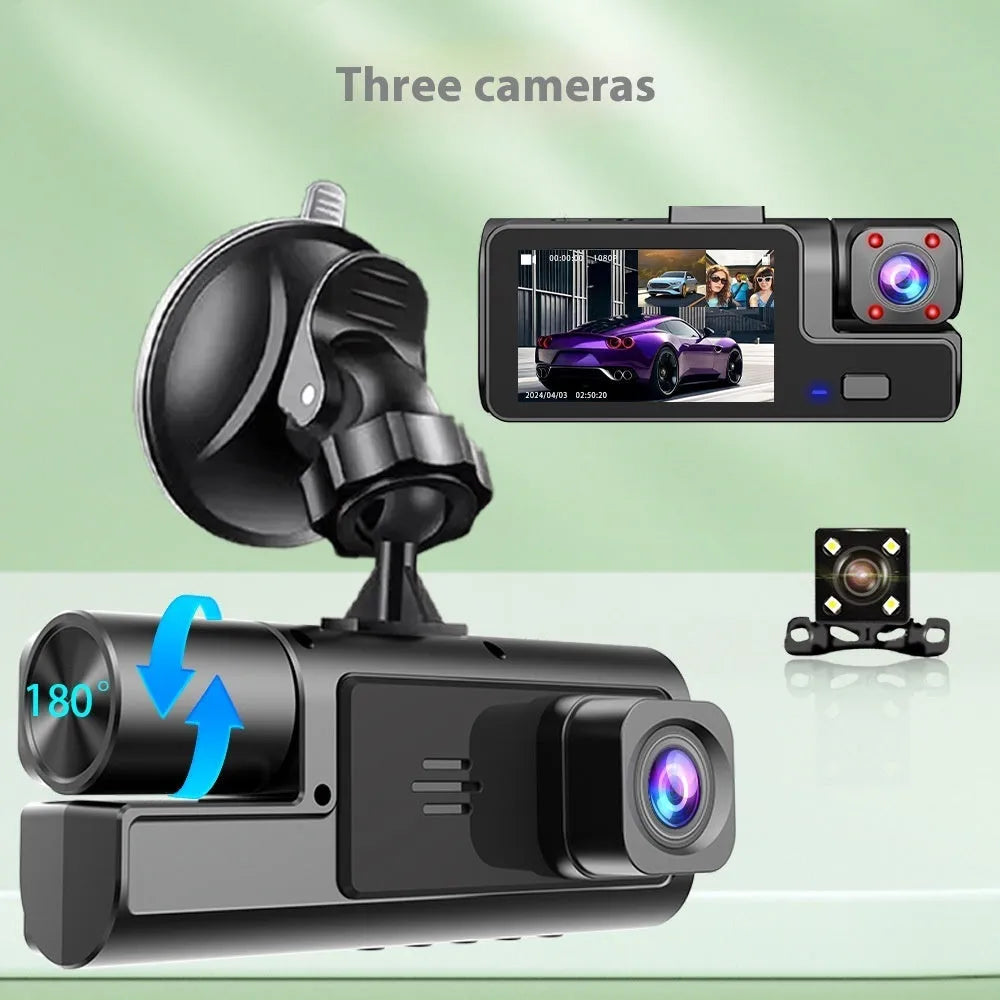 Black WiFi dash cam with 2-inch screen mounted on car windscreen, showing live rear camera view for parking.