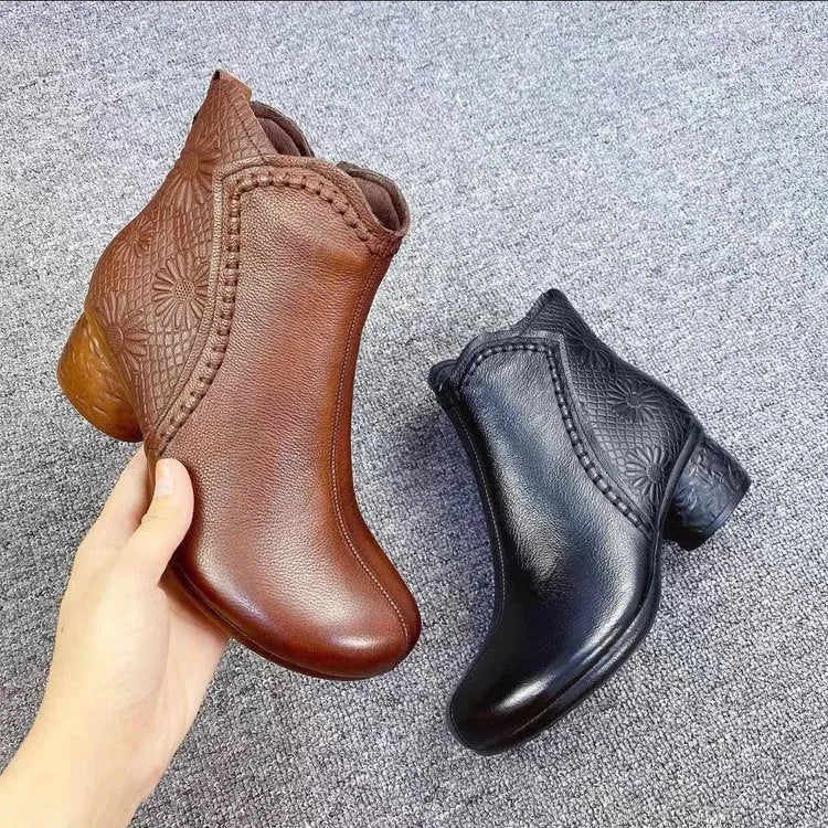 Women's winter anti-slip chunky heel boots with fleece lining, platform, and side zipper in brown fur lining option