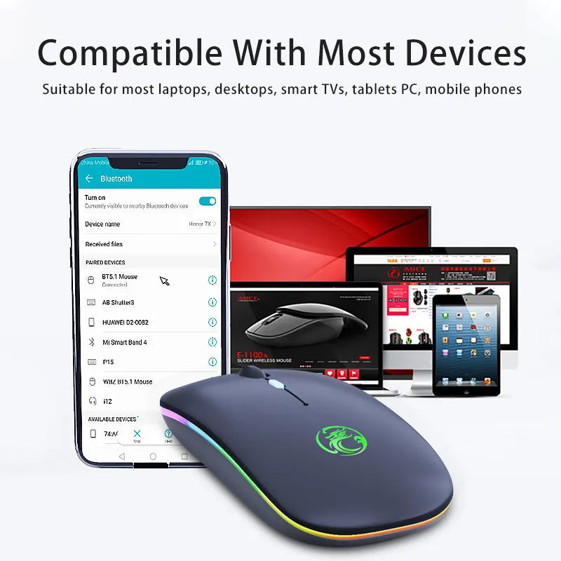 Black or white luminous charging dual-mode silent wireless mouse on a desk next to a laptop, showing its compact 112x57x25mm size.