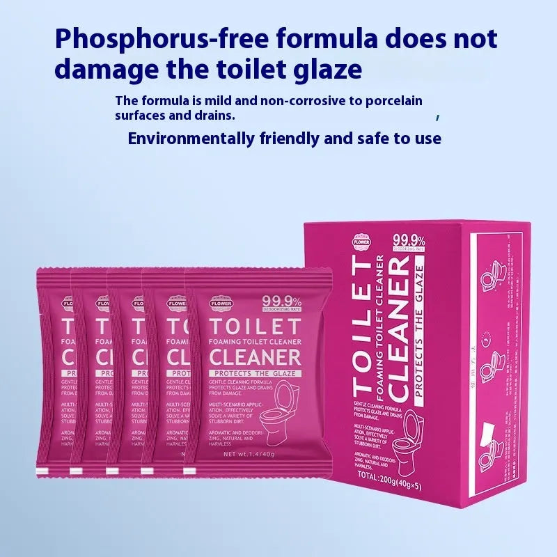 Toilet bubble effervescent cleaning powder in blue ocean and pink floral fragrance packaging options.