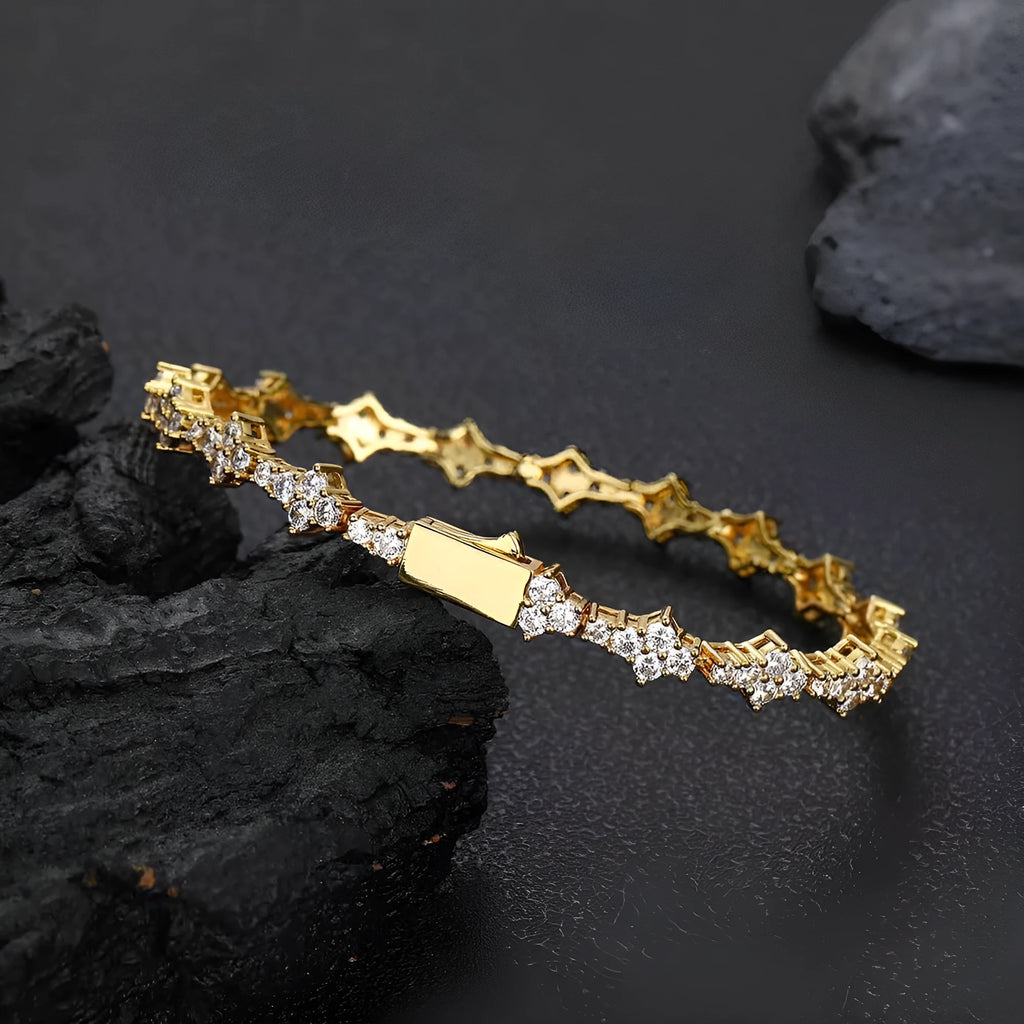 Copper spring fastener bracelet with inlaid zircon in gold finish, 6.5mm width geometric chain