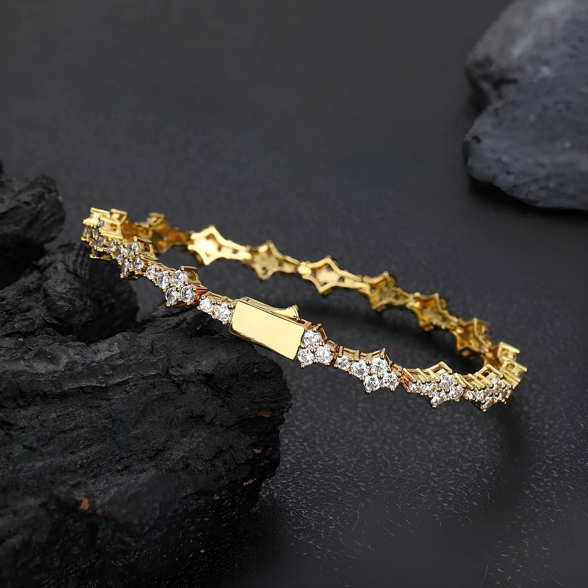 Copper spring fastener bracelet with inlaid zircon in gold finish, 6.5mm width geometric chain