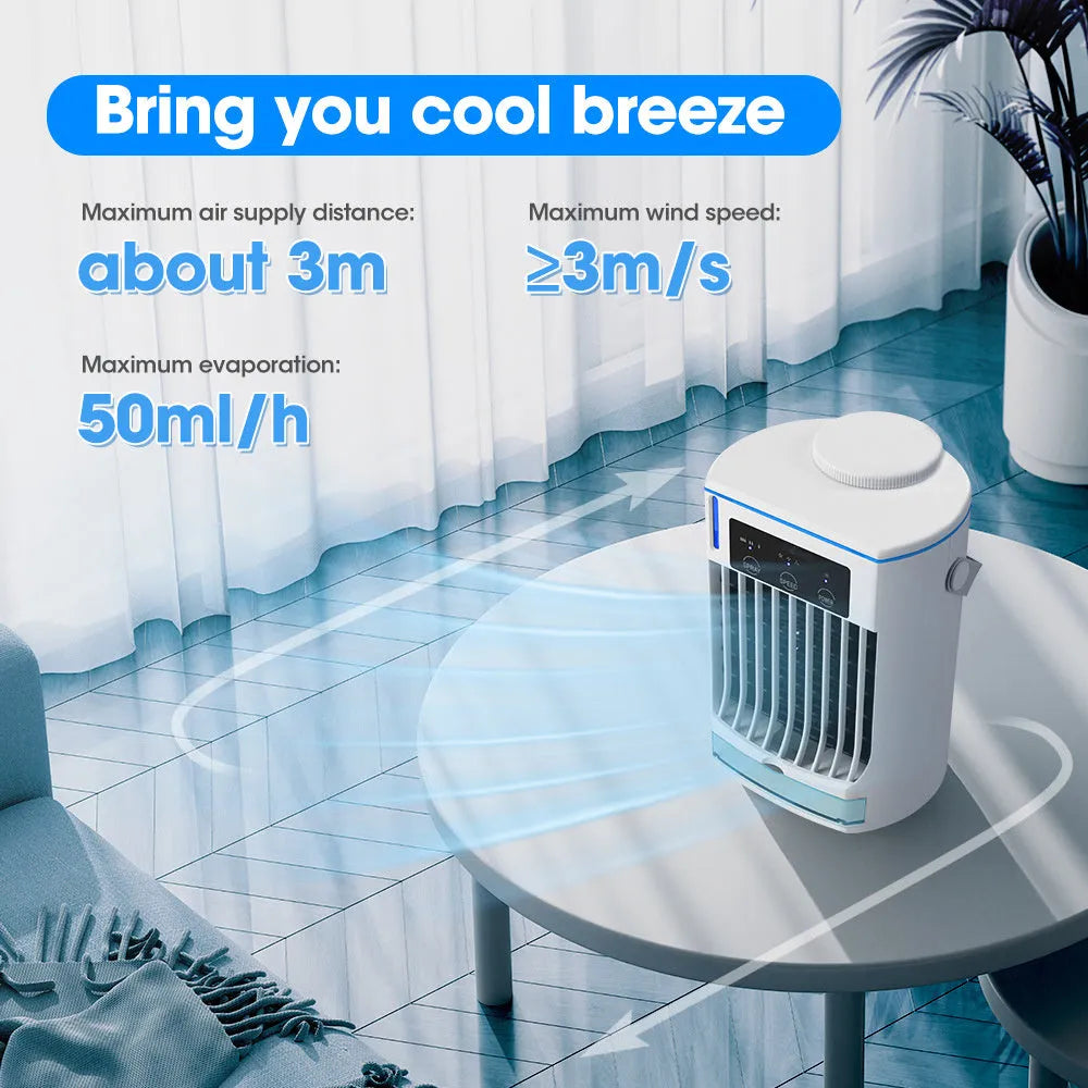 Mini USB air cooler with humidification spray fan on a desk with 3 speed modes and bladeless design
