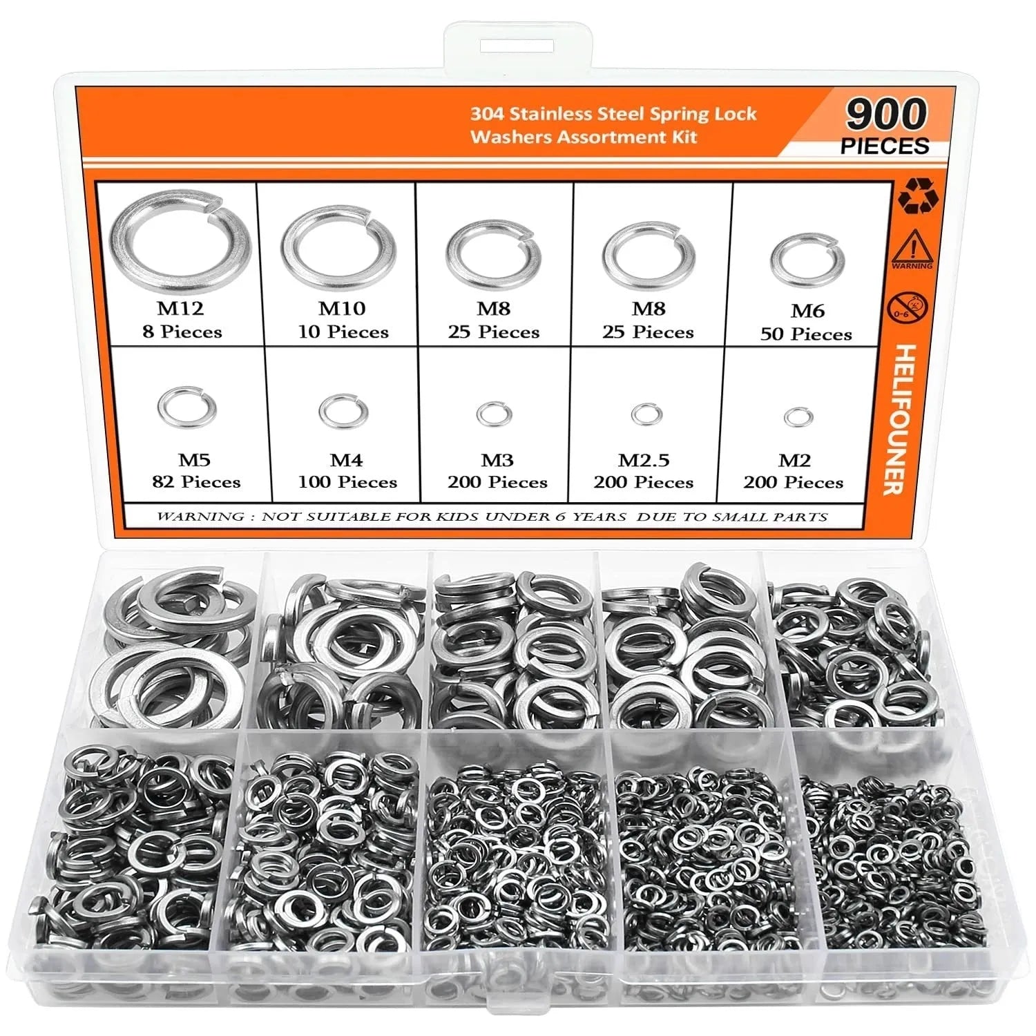 Open box showing assortment of small, shiny 304 stainless steel spring lock washers in various sizes.