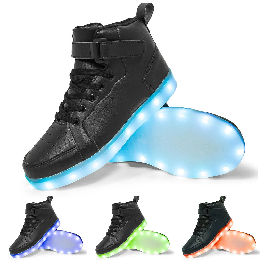 LED illuminated high-top board shoes with Velcro fastening in multiple colour options
