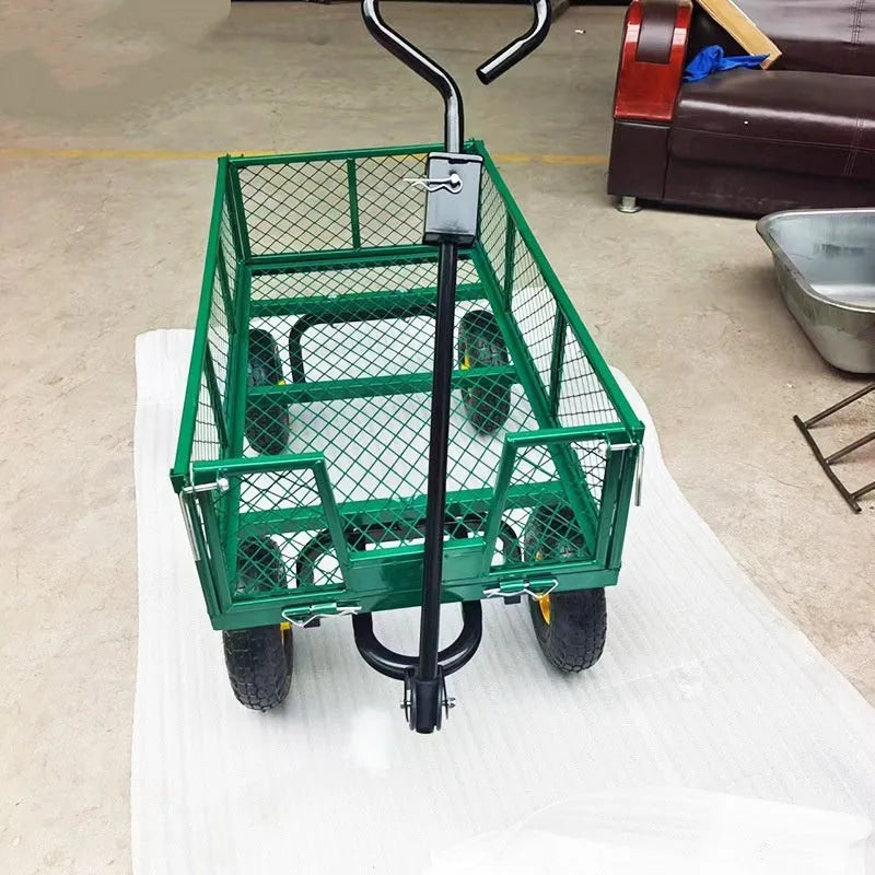 Green four wheel hand push net cart with iron frame and terrain rubber wheels, 350kg capacity