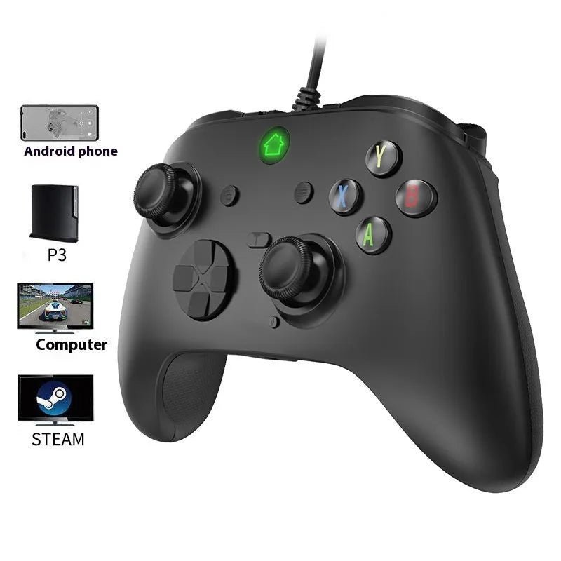 Six-in-one wired game controller with macro programming for PC and PS in black