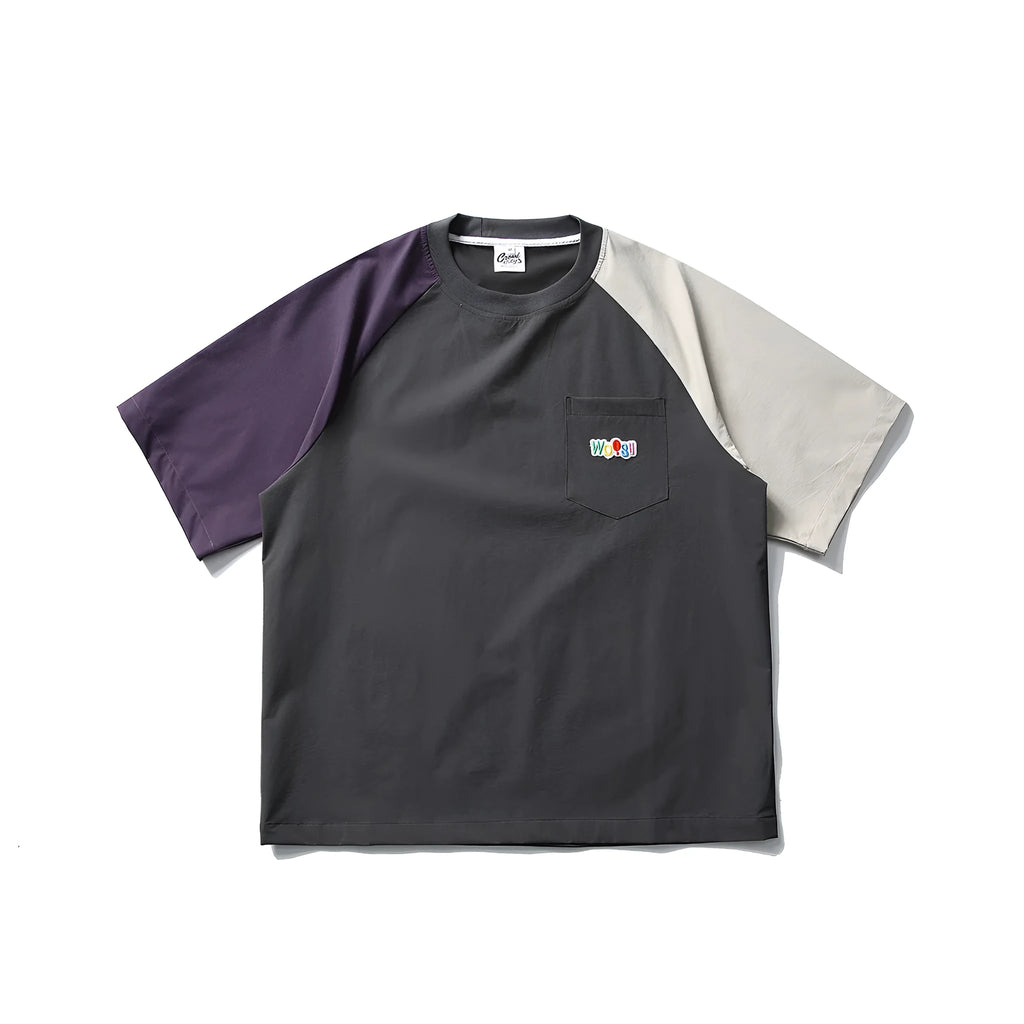 Dark grey men's t-shirt with contrast colour raglan sleeves and loose fit casual styling