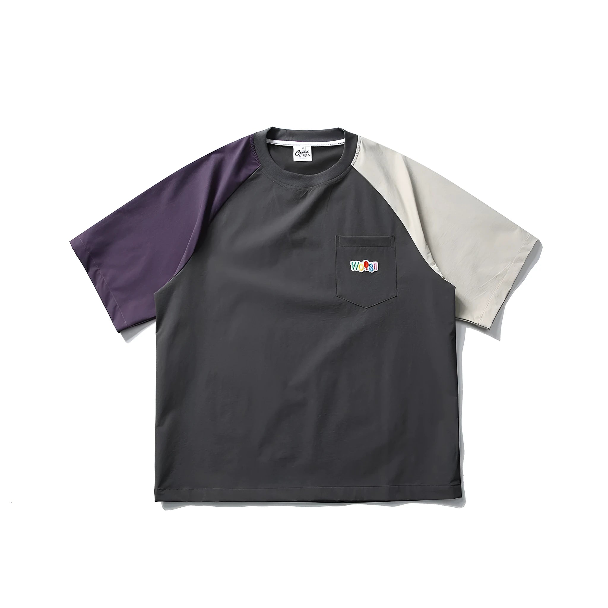 Dark grey men's t-shirt with contrast colour raglan sleeves and loose fit casual styling