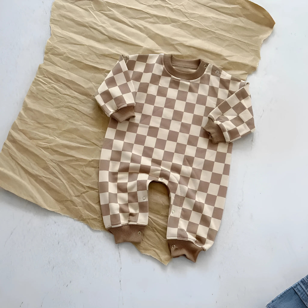 Baby long climbing suit in cotton fabric, neutral design, available in multiple colours for spring and autumn