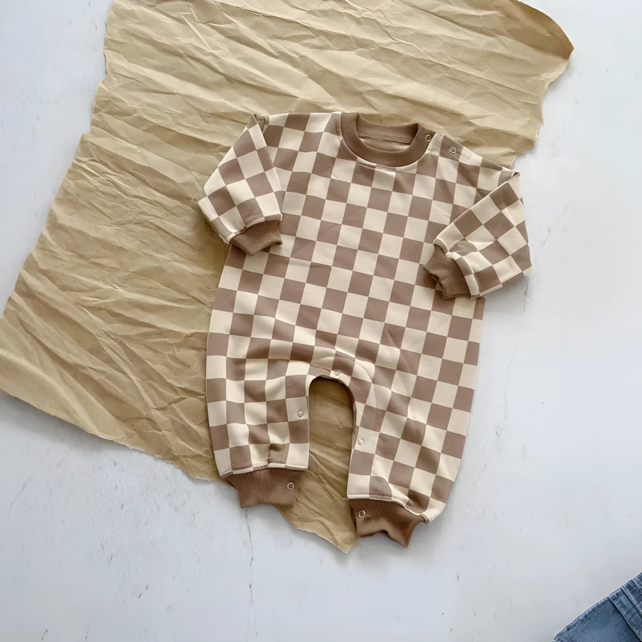 Baby long climbing suit in cotton fabric, neutral design, available in multiple colours for spring and autumn