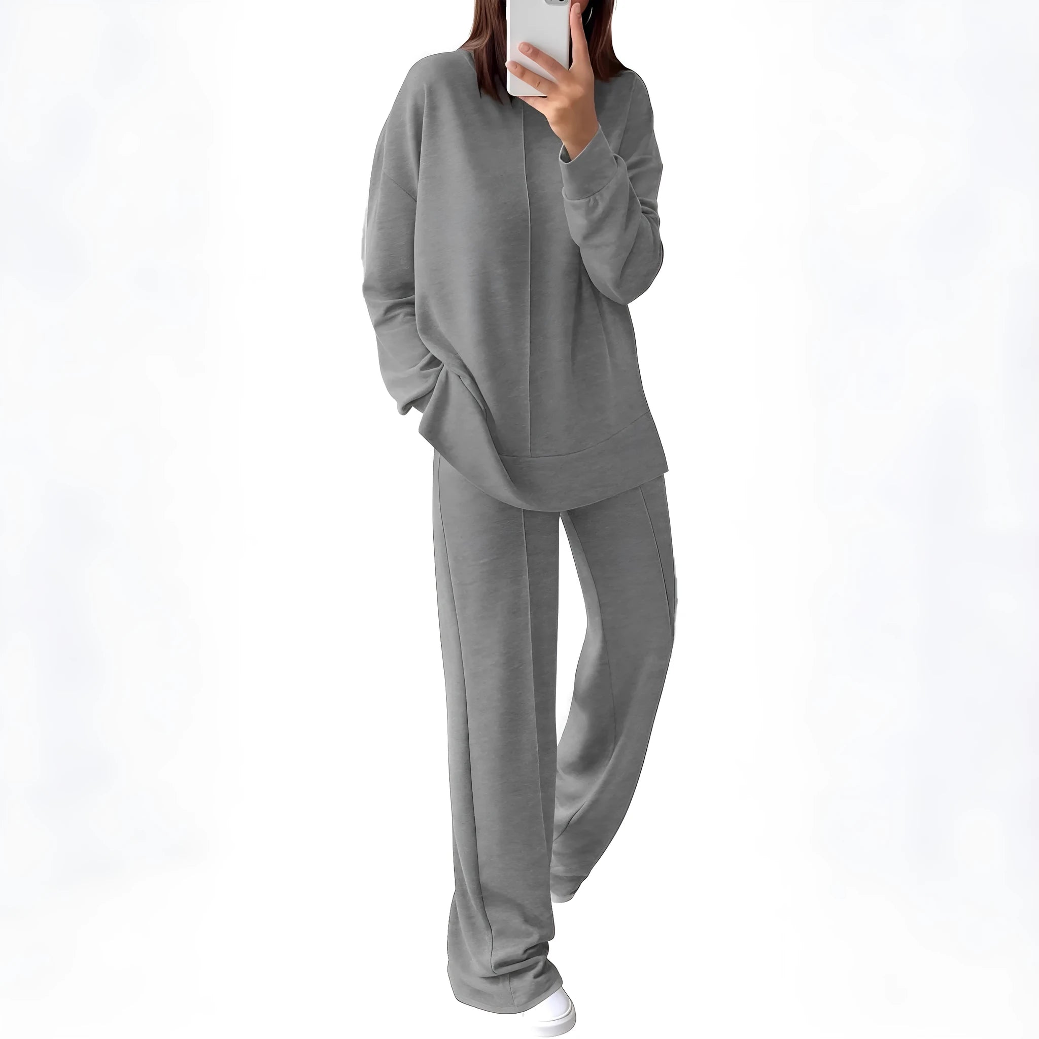 Women's long sleeve polyester jogging suit two-piece set shown in army green.