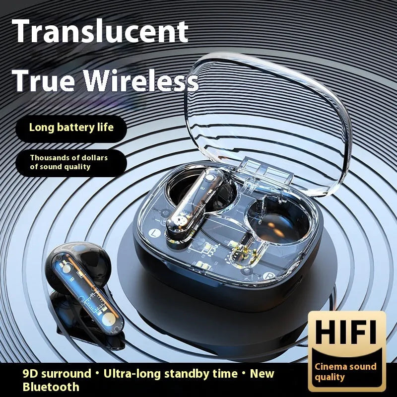 Translucent in-ear Bluetooth headset in clear, transparent black or transparent red, ABS body, V5.3, 300mAh battery.