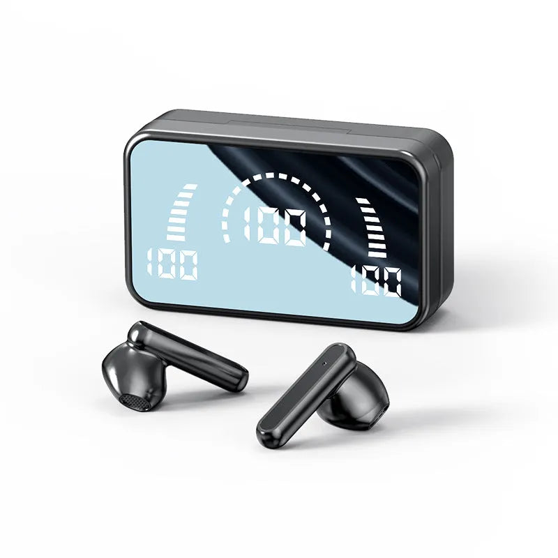 Wireless Bluetooth earbuds with digital display charging case and mirror compartment, black and mirror finishes