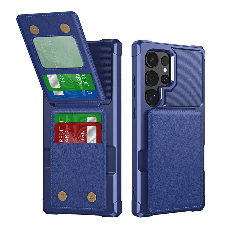 Black Samsung phone case with card slot and kickstand, made of PU and TPU, full cover drop-resistant.