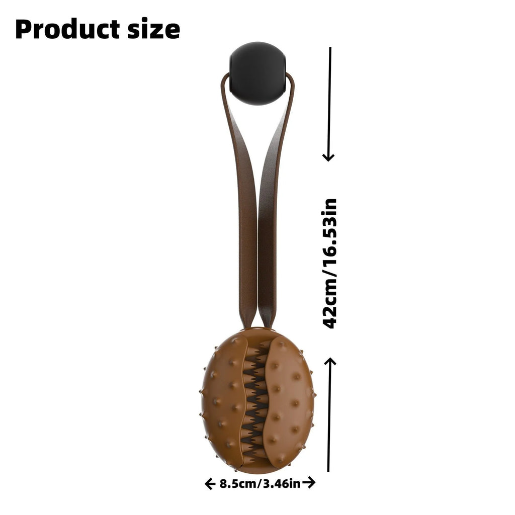 Brown coffee bean shaped dog chew toy with textured surface and hidden rope knot design