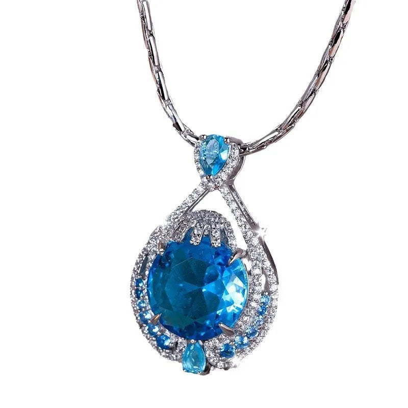 Blue fireworks cut gemstone geometric pendant necklace with water wave chain