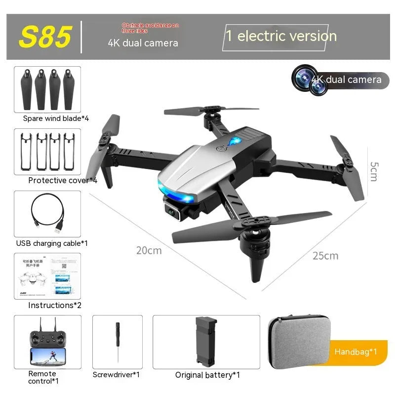 Four-axis plastic drone with 4K dual camera and three-side obstacle avoidance, 30-50cm size