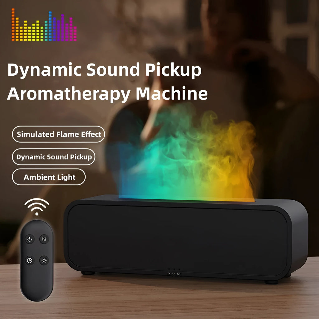 Black Flame Dynamic Aroma Diffuser with LED flame light display and remote control on a desk.