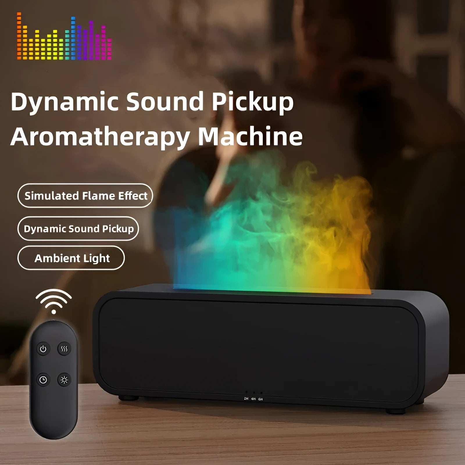 Black Flame Dynamic Aroma Diffuser with LED flame light display and remote control on a desk.