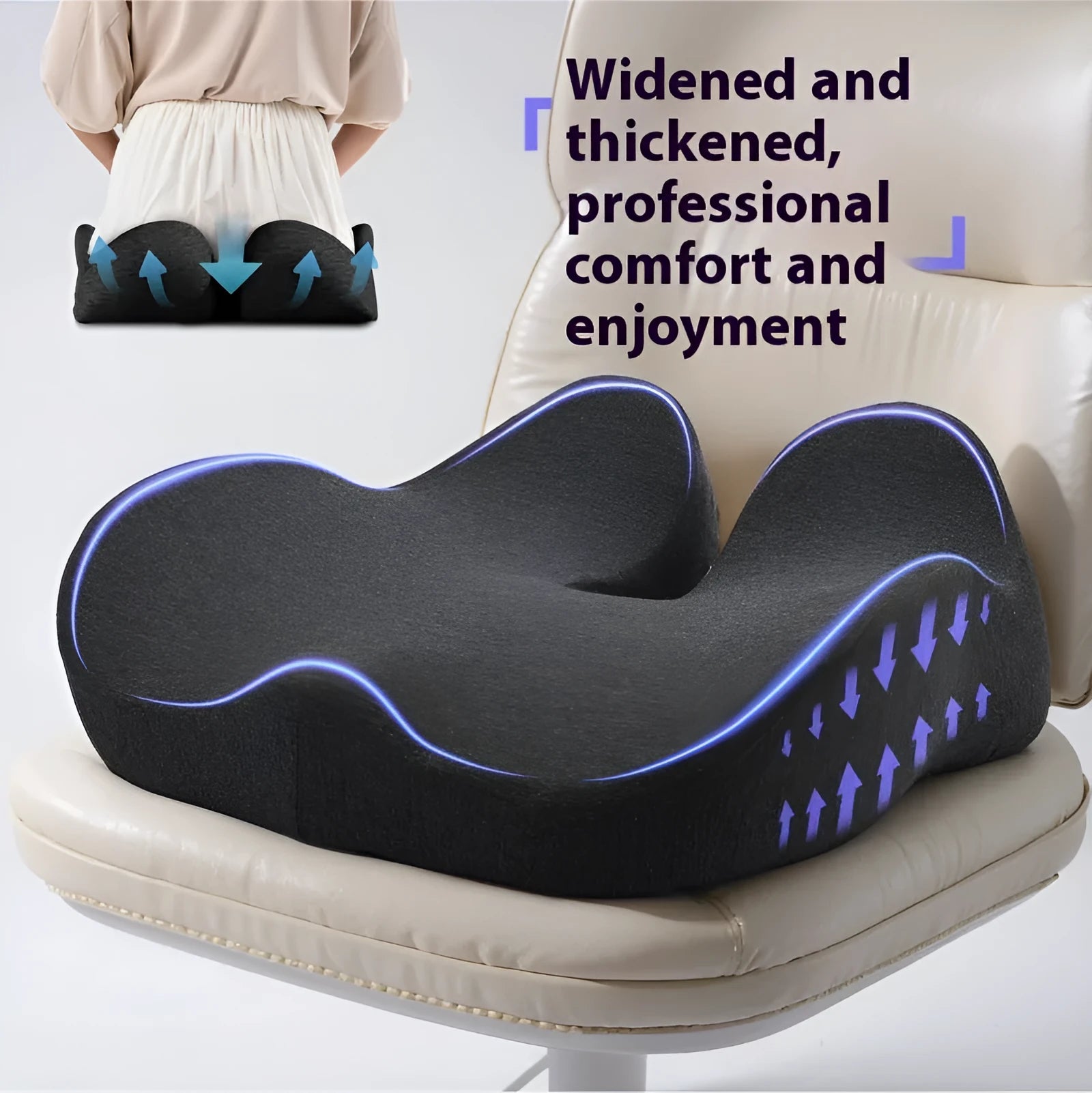 Light grey memory foam office chair cushion showing its 46x43 cm size and 12 cm thickness.
