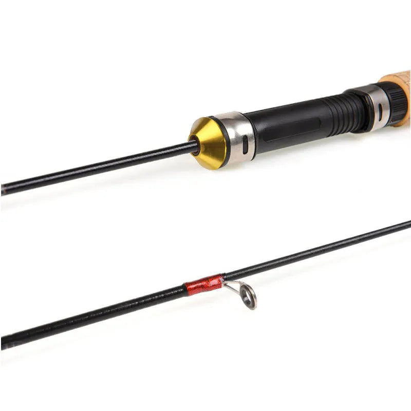 Ice fishing retractable rod with wood grain finish, 0.6m collapsed length, carbon coated