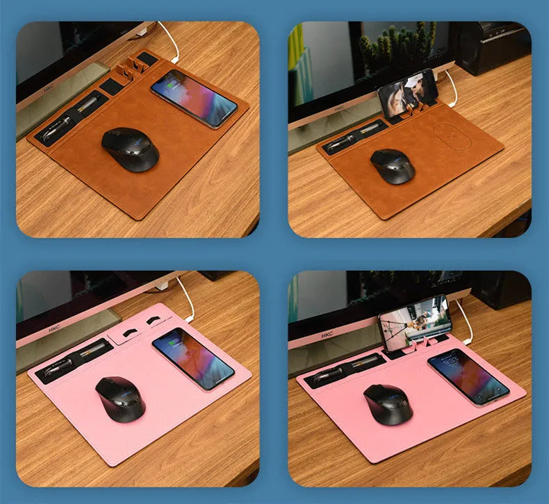 Pink PU leather wireless charging mouse pad with phone holder, 320x260 mm, on a desk.