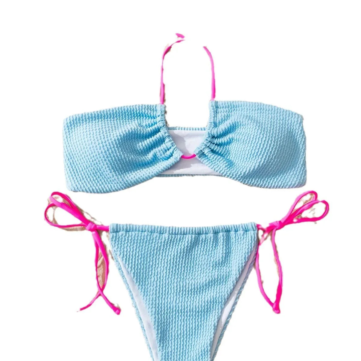 Women's solid colour halter lace-up separated swimsuit with backless design and briefs style bottom