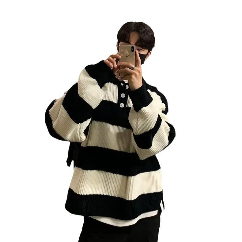 Men's loose fit striped sweater coat pullover in black or grey colour with long sleeves