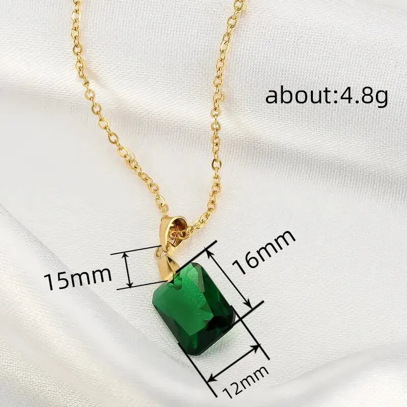 Copper rectangular geometric pendant necklace with green finish on O-ring chain