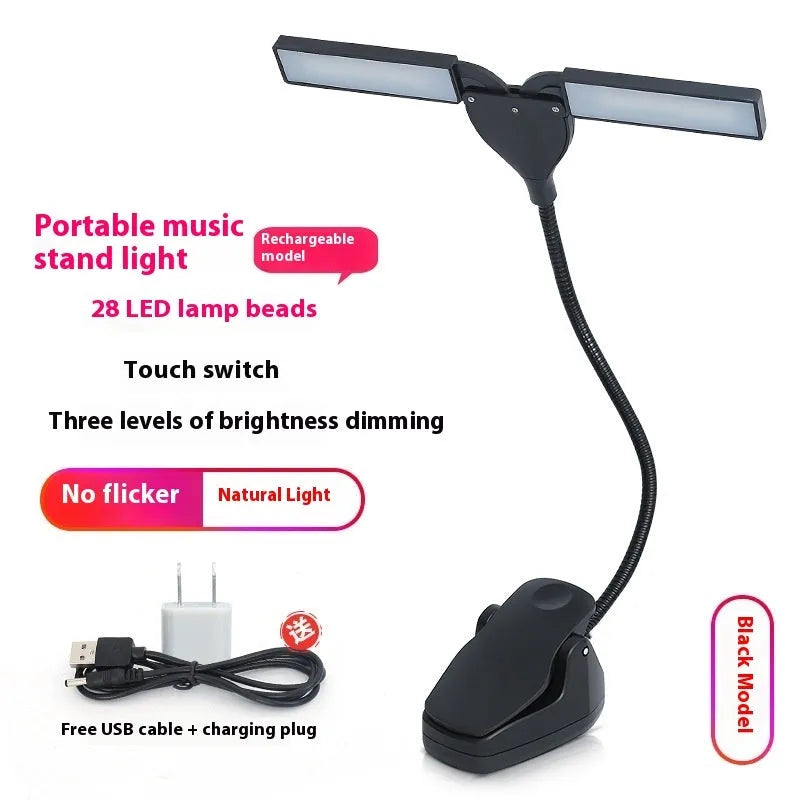 Black rechargeable music stand lamp with 28 soft white LEDs clipped to a metal music stand.