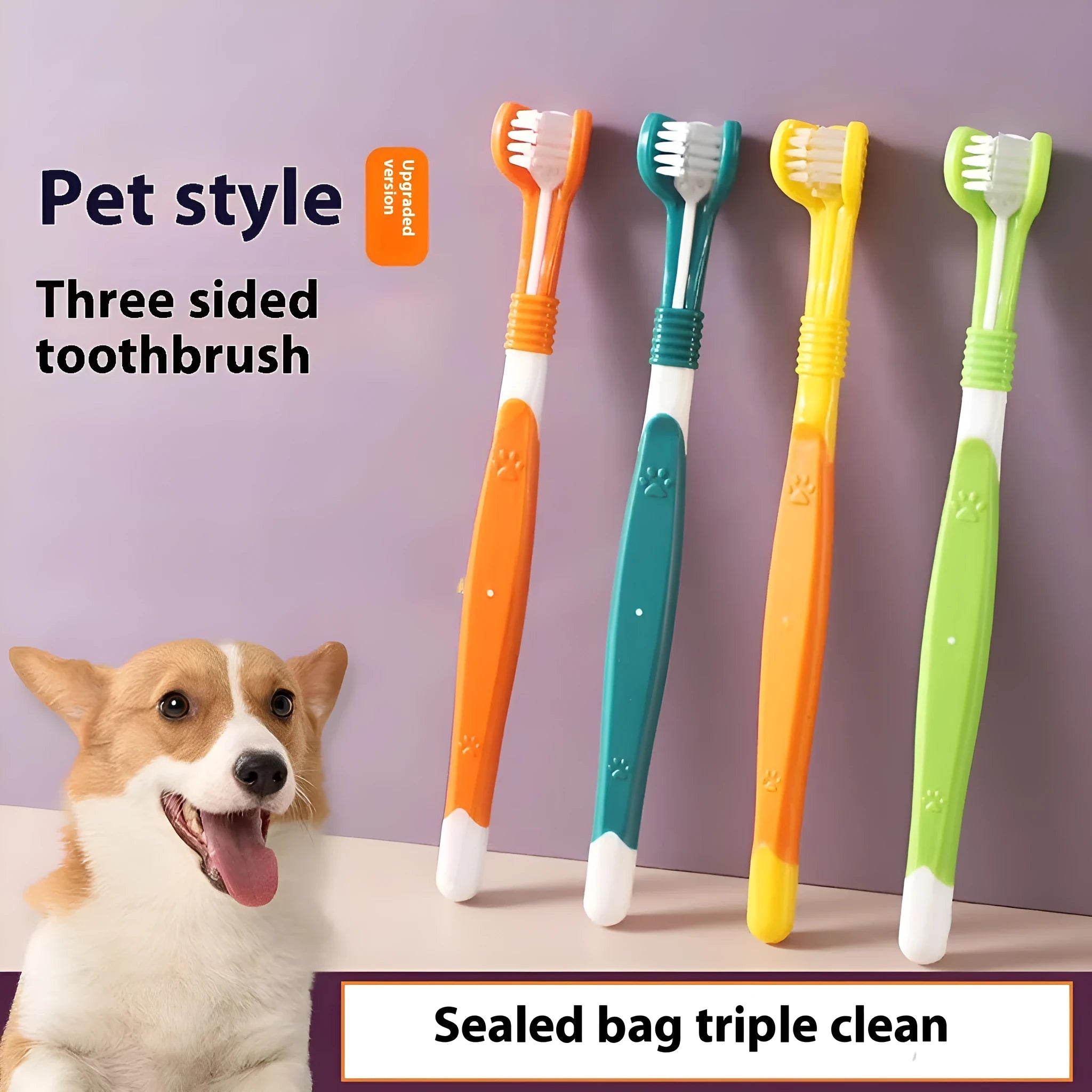 Pet toothbrush in assorted colours with plastic handle and nylon bristles for dog and cat dental care