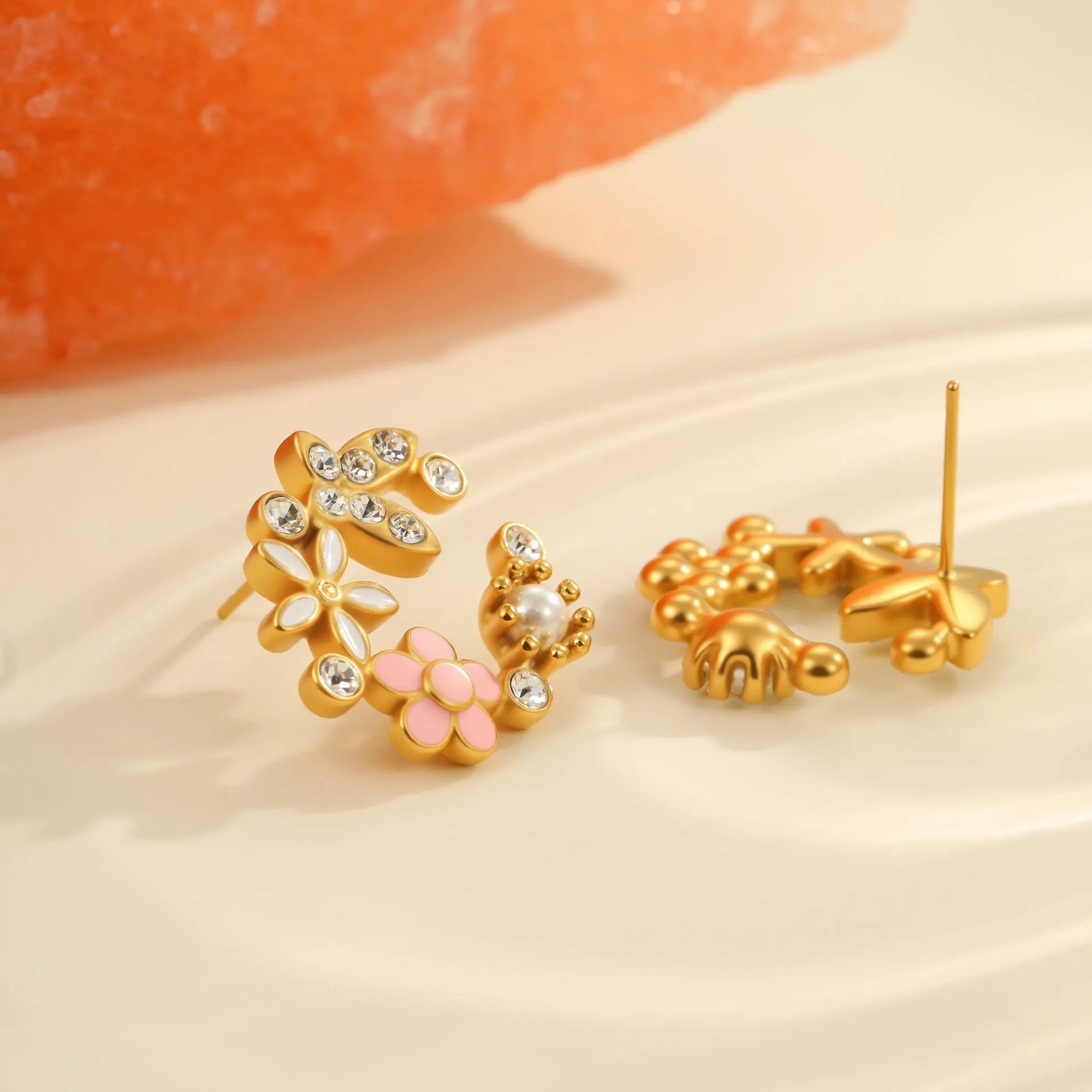 Flower petal stud earrings with colourful oil-dipped diamond look on 18K stainless steel