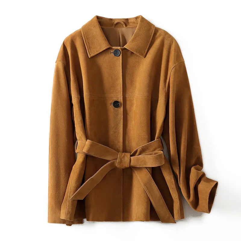 Yellow Brown loose-fit cashmere coat with Peter Pan collar and leather stitching details on front.