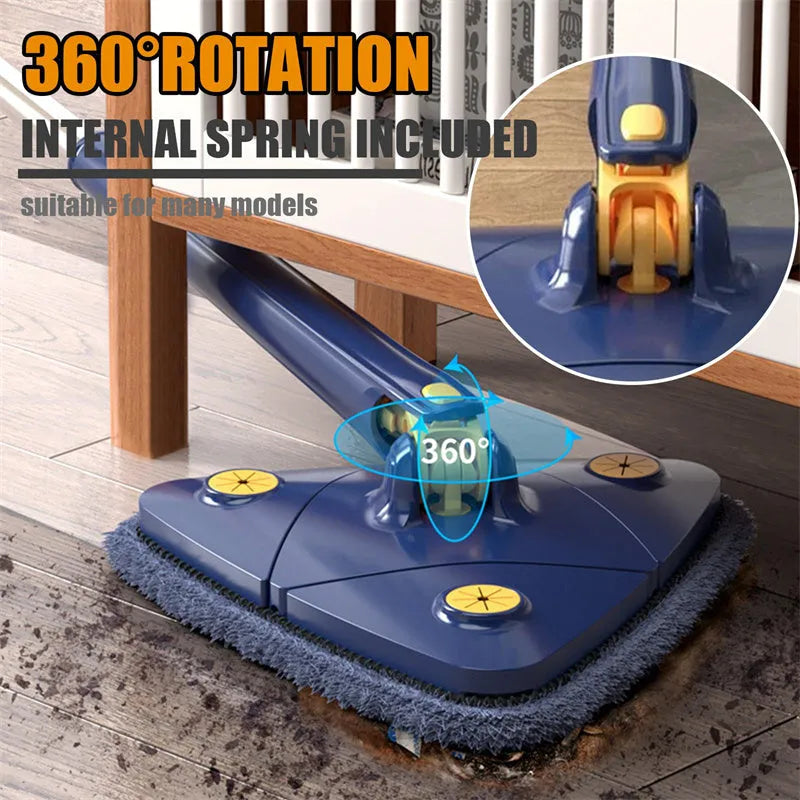 Blue extendable triangle cleaning mop with rotating head and microfiber cloth on a stainless steel pole.