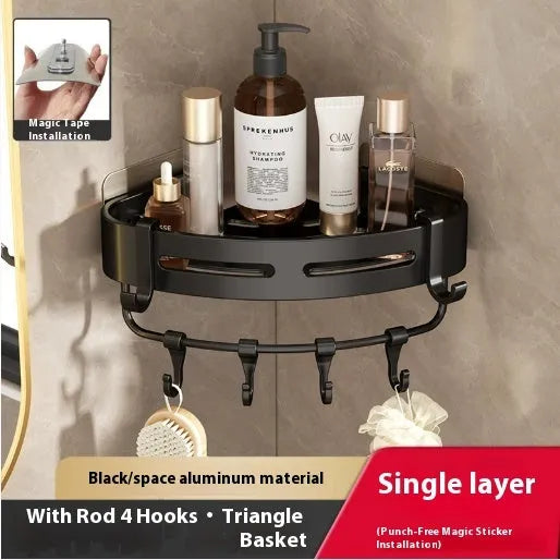 Gun grey triangle-shaped bathroom shelf with adhesive wall mount and optional towel rod.