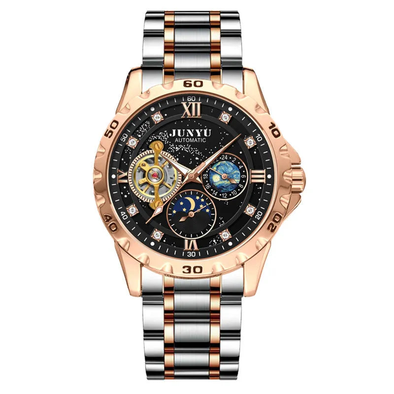 Men's automatic mechanical watch with luminous dial on wrist.