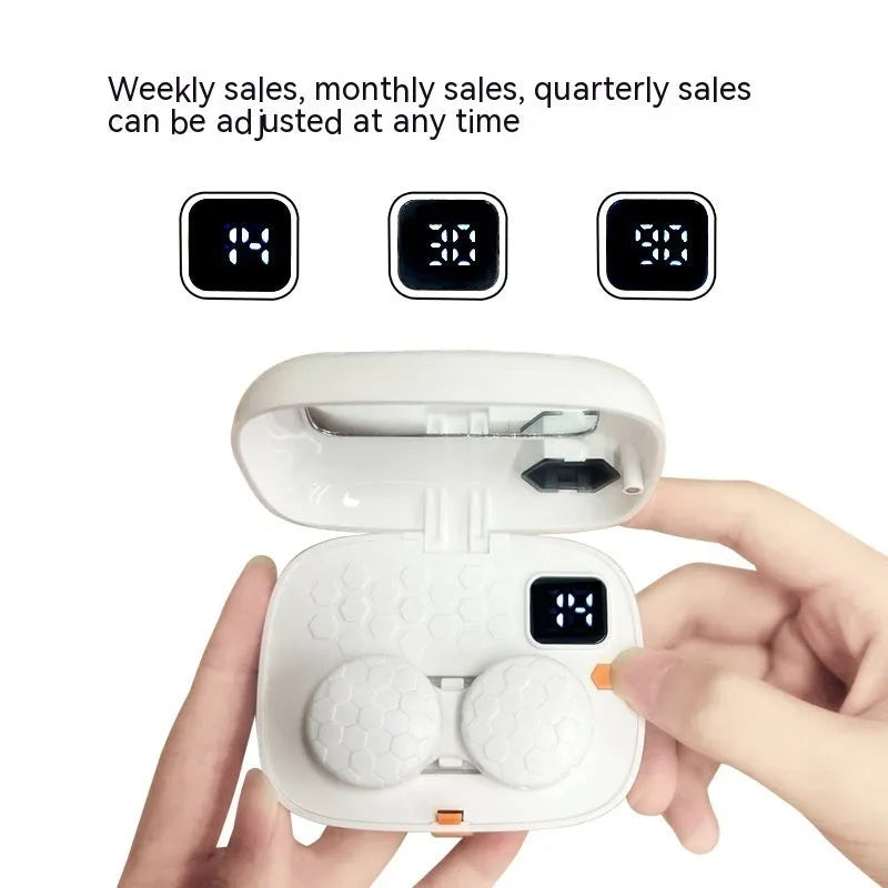 Pearl white automatic ultrasonic flushing instrument for cleaning glasses on a table.
