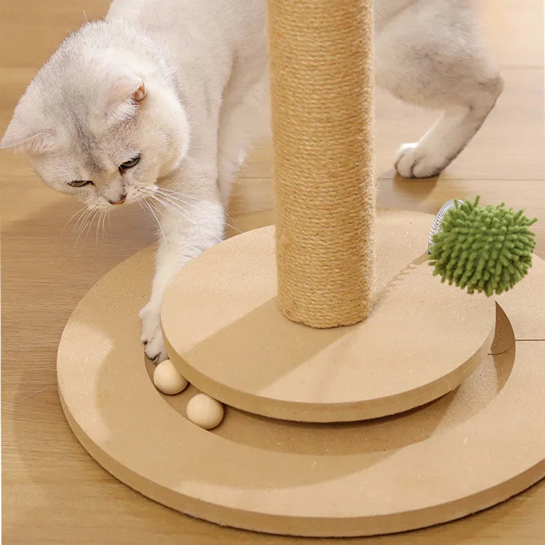 Vertical cat scratching post with natural hemp rope column and square wooden perch in Canna finish.