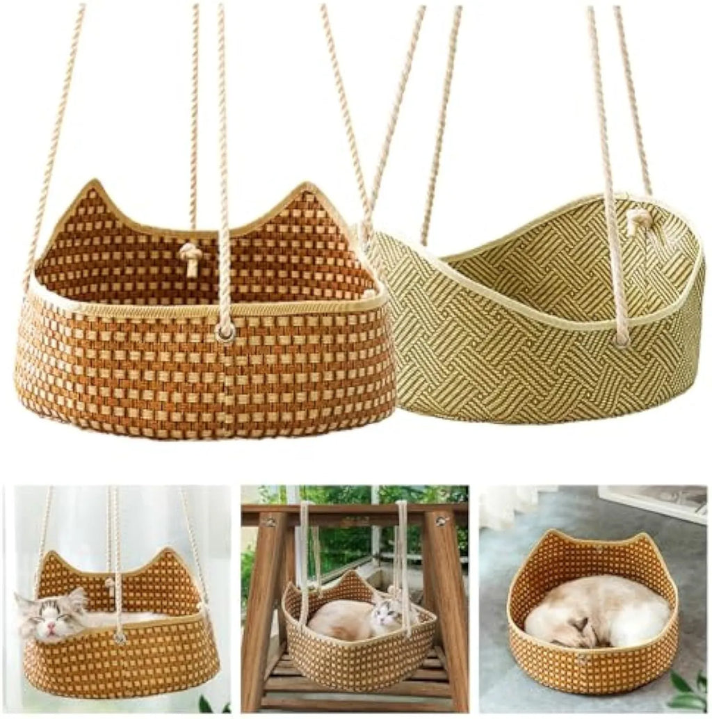 Green rattan cat cage hammock with metal hooks, shown hanging on a shelf.