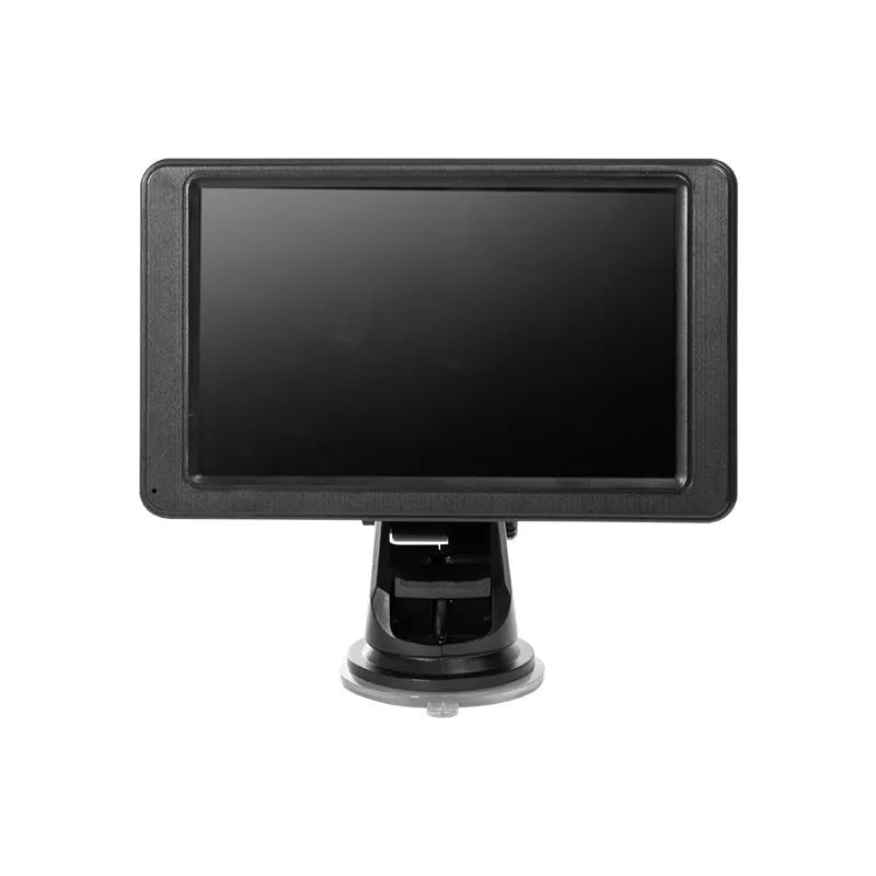 Black portable vehicle-mounted MP5 player with 7-inch LCD screen on a car dashboard bracket.
