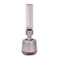 White silver cylindrical Bluetooth speaker with candlelight glow, showing push buttons, dimensions 90mm by 277mm.