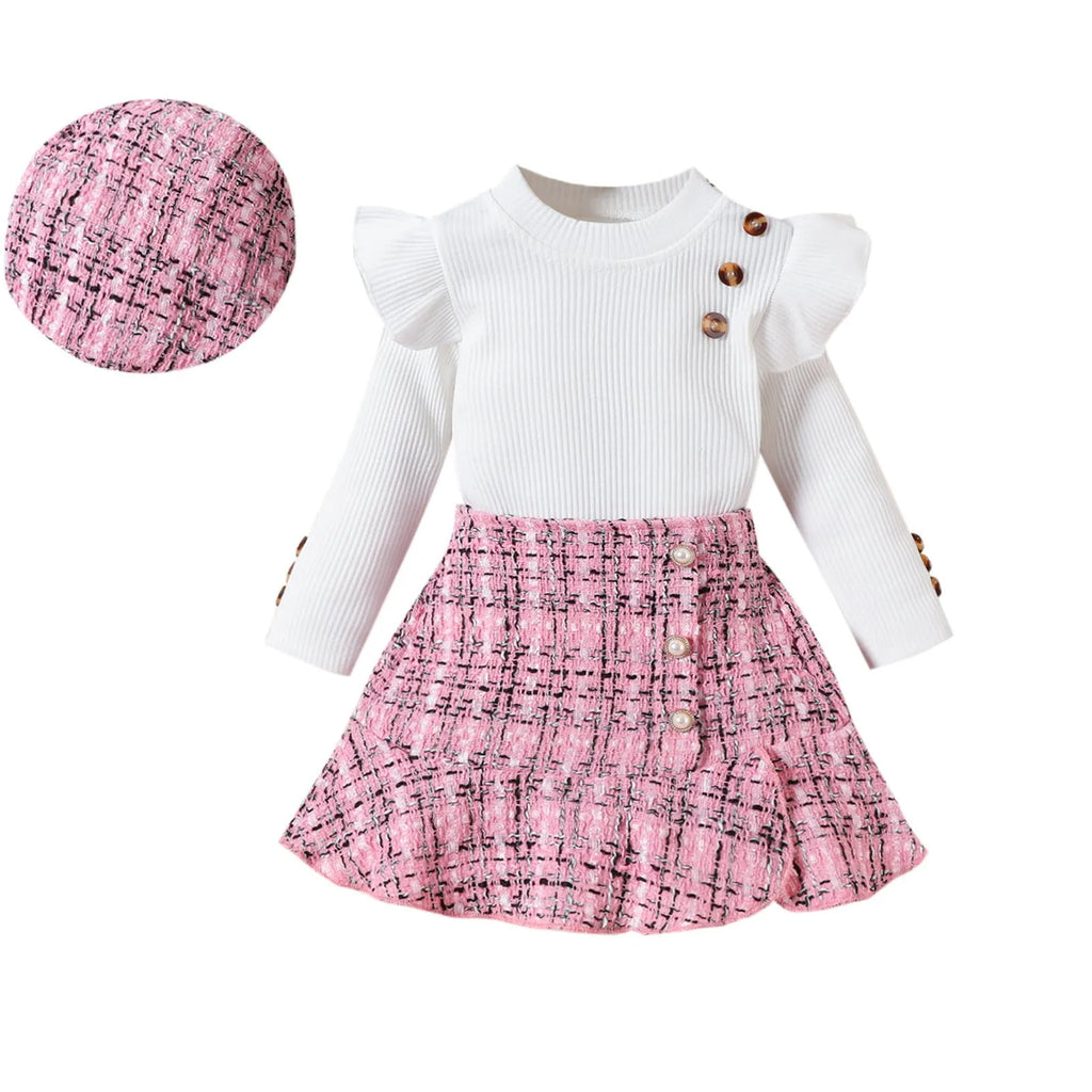 Girls plaid three-piece skirt suit with long sleeve top, fishtail skirt and hat in pink or black, cotton summer set