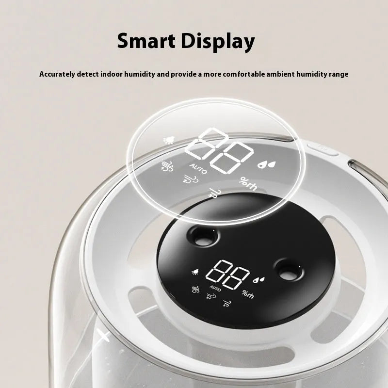 Round beige USB humidifier with dual spray nozzles, humidity display, and gear controls