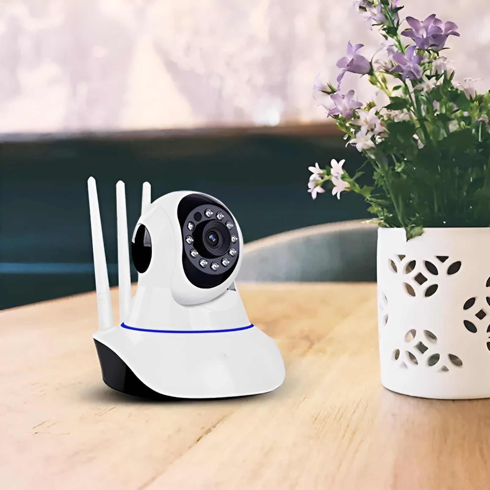 White wireless dome security camera with 2MP sensor on a flat surface.