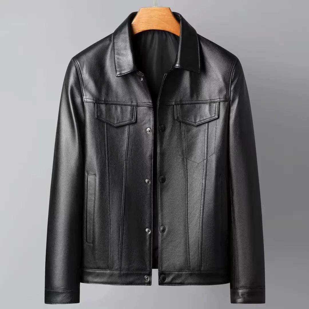Men's black cowhide leather jacket with polo collar, sizes L to 5XL, daily wear