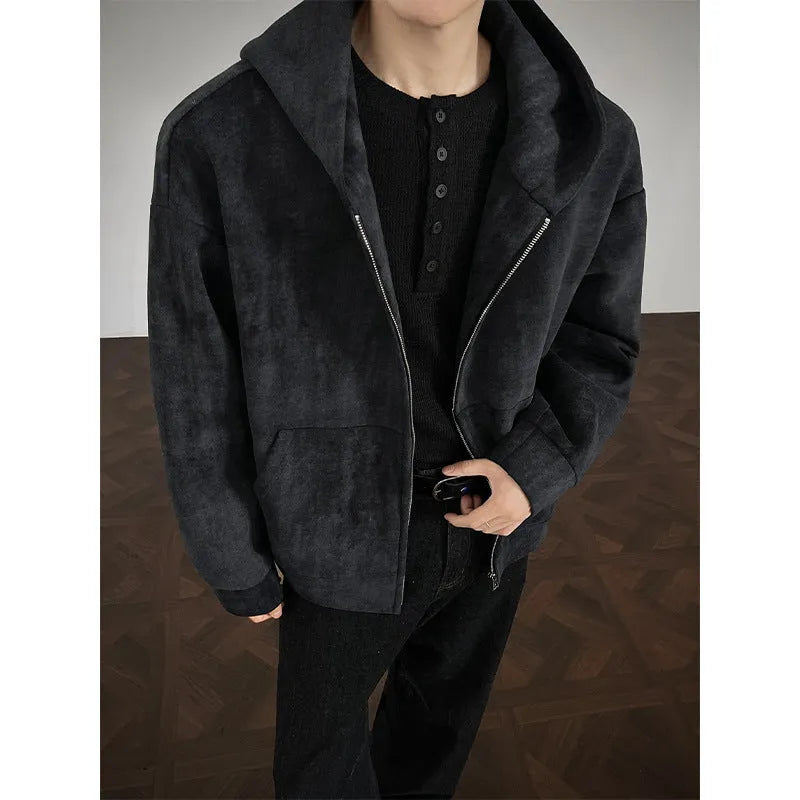 Men's plus size tie-dye hooded cardigan in black, loose fit, side pockets, and hood.